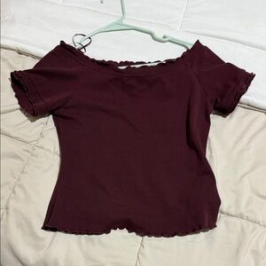 bohme Burgundy Off-Shoulder Lettuce-Edge Crop Top